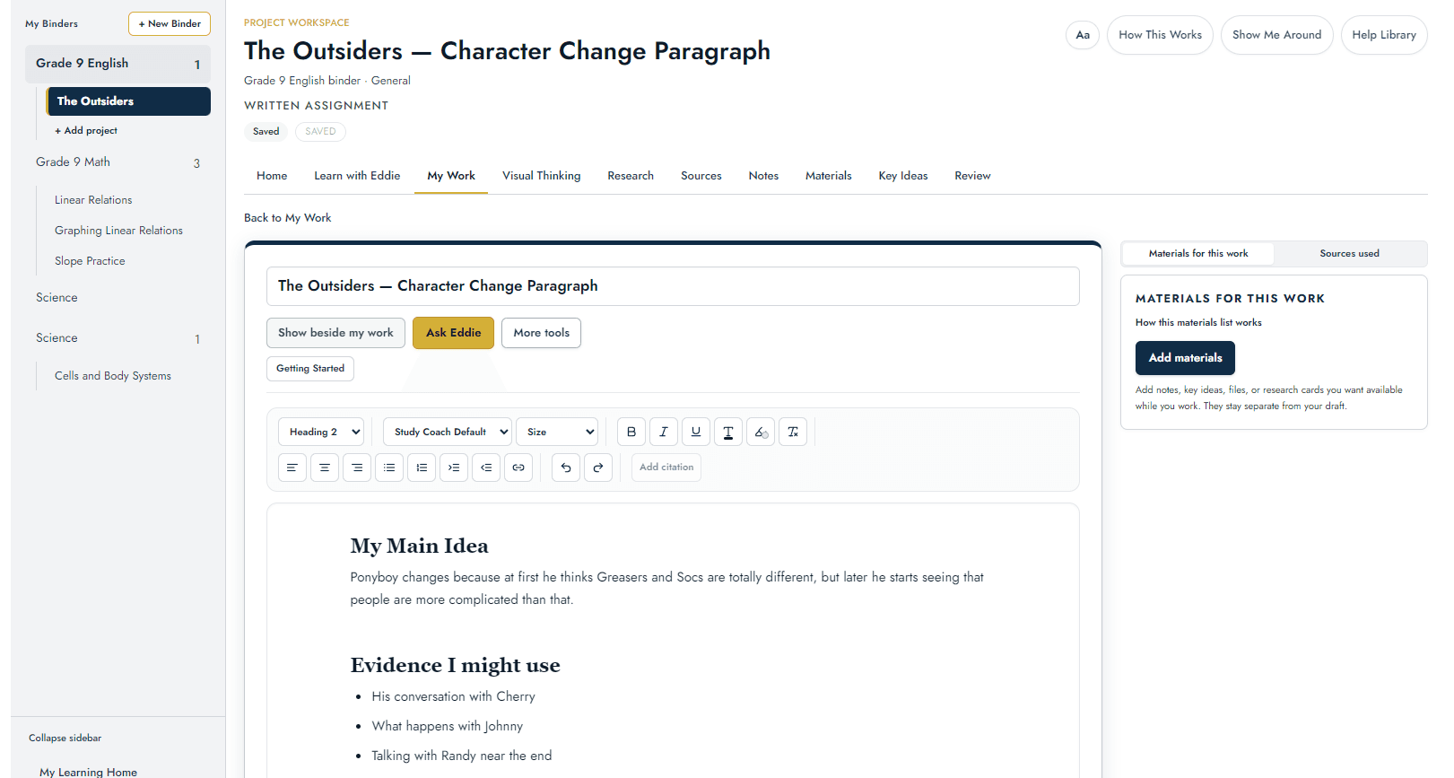 A learner-owned written assignment in My Work, with the project workspace tabs visible.