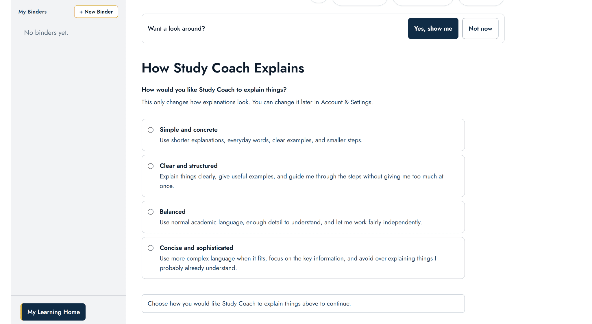 How Study Coach Explains: four explanation styles the learner can choose, without ability labels.